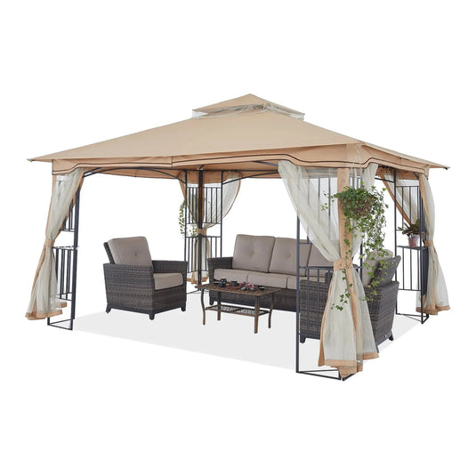 11x11 Patio Outdoor Gazebo with Netting Screen Walls and Corner Shelf Design-CA