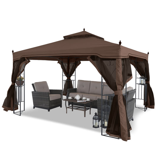 10x10/10x12 Patio Outdoor Gazebo with Netting Screen Walls and Corner Shelf Design
