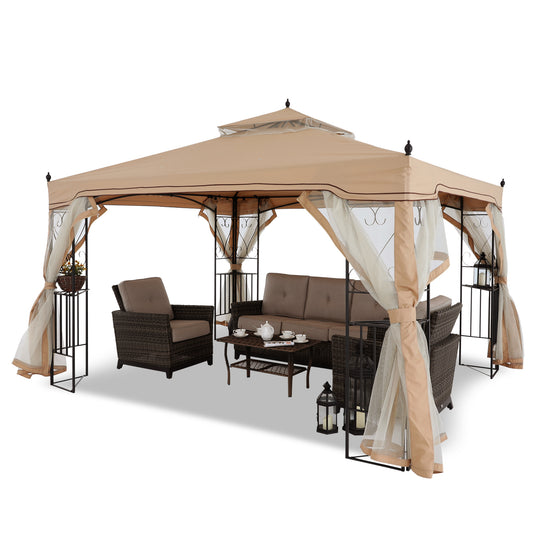 10x10/10x12 Patio Outdoor Gazebo with Netting Screen Walls and Corner Shelf Design