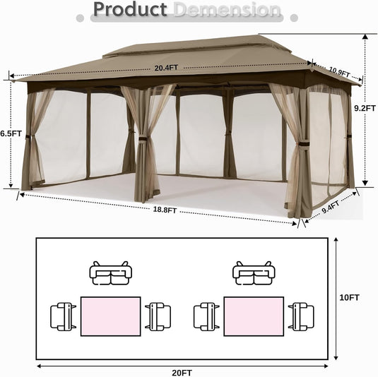 10x20 Outdoor Patio Gazebo with Steel Frame and Netting Walls-CA