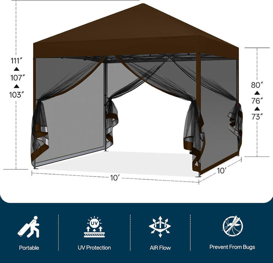 Leisure Sports Pop-Up Easy Setup Outdoor Canopy Tent with Netting Screen Walls - 8x8, 10x10