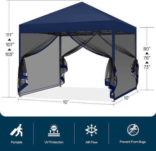 Leisure Sports Pop-Up Easy Setup Outdoor Canopy Tent with Netting Screen Walls - 8x8, 10x10