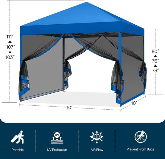 Leisure Sports Pop-Up Easy Setup Outdoor Canopy Tent with Netting Screen Walls - 8x8, 10x10