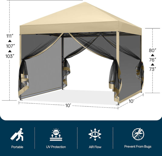 Leisure Sports Pop-Up Easy Setup Outdoor Canopy Tent with Netting Screen Walls - 8x8, 10x10