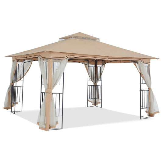 11x11 Patio Outdoor Gazebo with Netting Screen Walls and Corner Shelf Design-CA