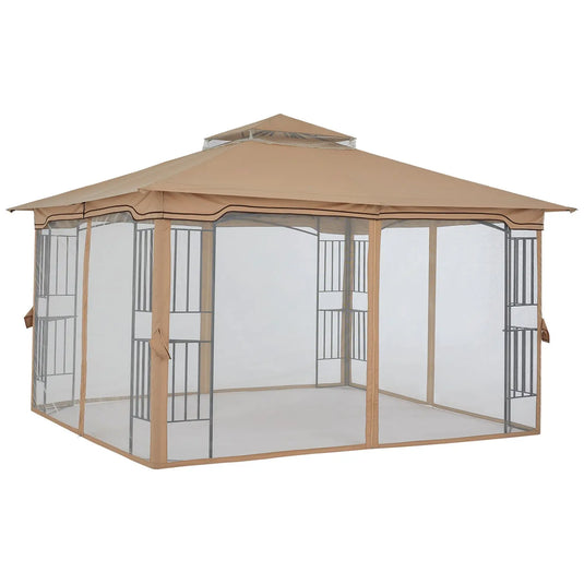 11x11 Patio Outdoor Gazebo with Netting Screen Walls and Corner Shelf Design-CA