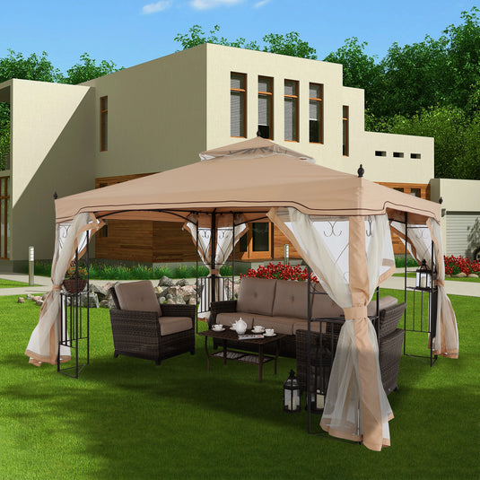 10x10/10x12 Patio Outdoor Gazebo with Netting Screen Walls and Corner Shelf Design